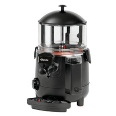 Der Bartscher Schokoladendispenser 5L - schwarz ist ein schwarzer und transparenter Schokoladendispenser mit Bedienknöpfen, Ausguss und klarem Deckel von Bartscher, abgebildet auf weißem Hintergrund.