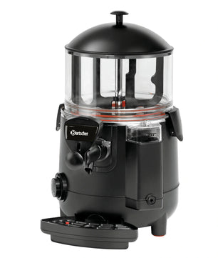 Der Bartscher Schokoladendispenser 5L - schwarz ist ein schwarzer und transparenter Schokoladendispenser mit Bedienknöpfen, Ausguss und klarem Deckel von Bartscher, abgebildet auf weißem Hintergrund.