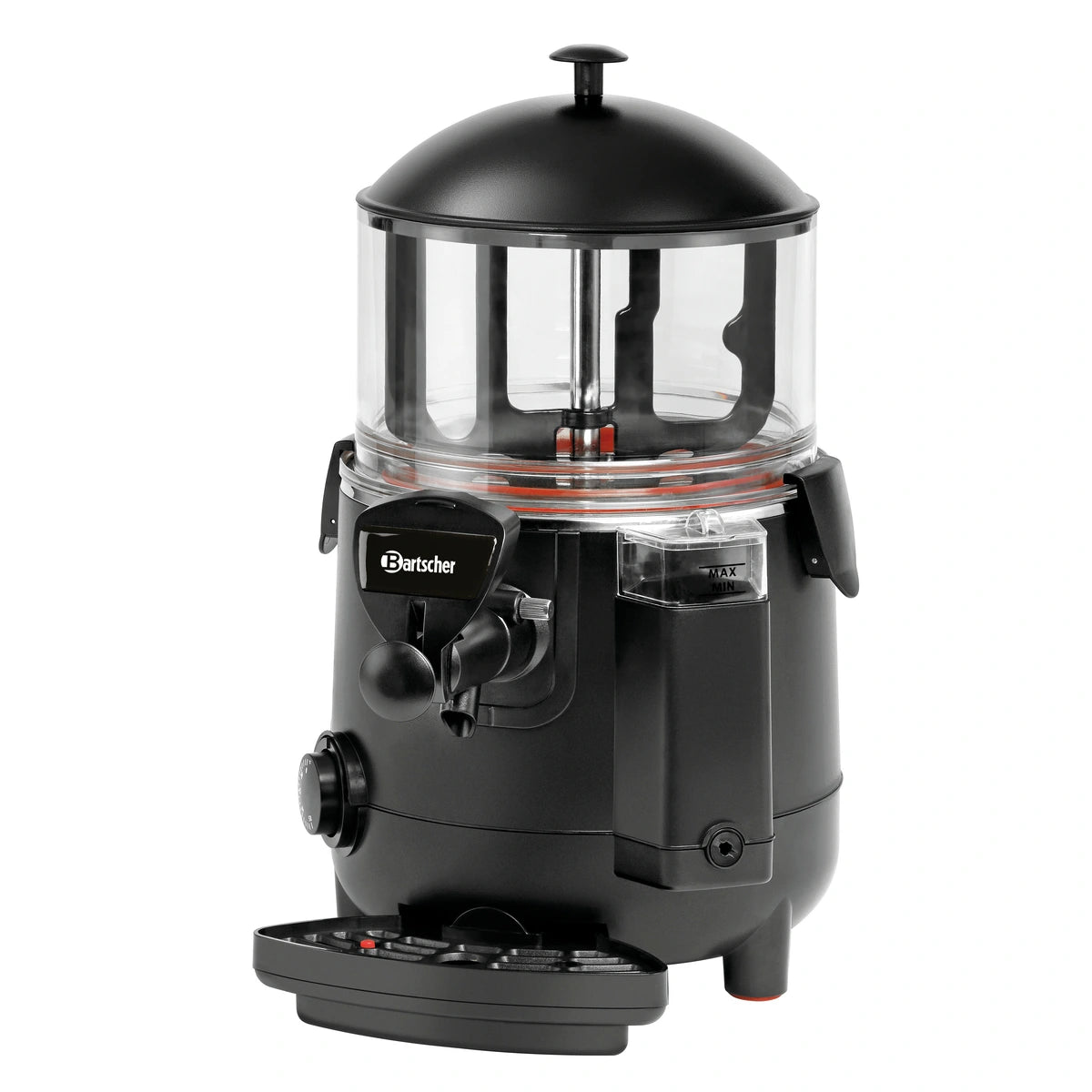 Der Bartscher Schokoladendispenser 5L - schwarz ist ein schwarzer und transparenter Schokoladendispenser mit Bedienknöpfen, Ausguss und klarem Deckel von Bartscher, abgebildet auf weißem Hintergrund.