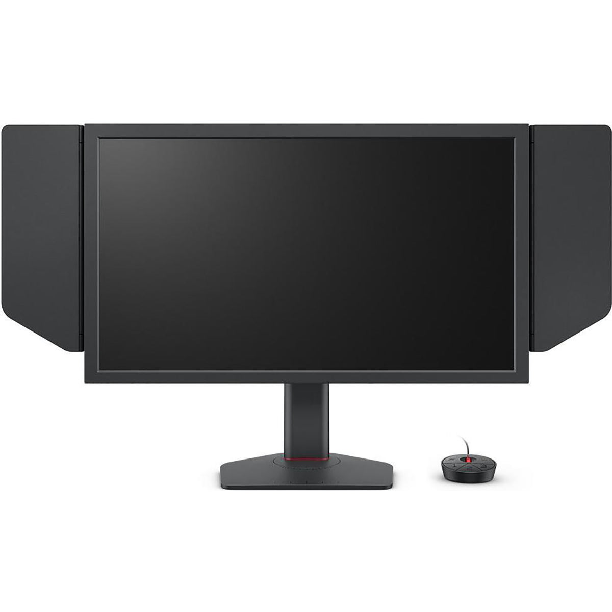 Der BenQ ZOWIE XL2586X eSports-Monitor mit seitlicher Lichtabschirmung ist auf seinem Ständer montiert und wird neben einem kleinen runden kabelgebundenen Controller vor einem weißen Hintergrund gezeigt.