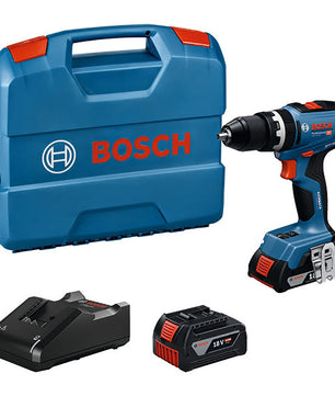Das Bosch GSB 18V-65 Professional Schlagbohrschrauber Set besteht aus einem blauen Bosch Koffer, einem schwarzen Ladegerät, einem Akku und einer Bohrmaschine, abgebildet auf einem weißen Hintergrund mit dem Bosch Logo auf dem Koffer und dem Werkzeug.