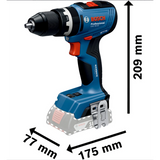 Ein Bosch GSB 18V-65 Professional Akku-Kombi-Bohrschrauber von Bosch wird mit seinem Design und den wichtigsten Abmessungen gezeigt: 209 mm Höhe, 175 mm Länge und 77 mm Breite. Das Bild unterstreicht die kompakte Bauweise des Schlagbohrschraubers.