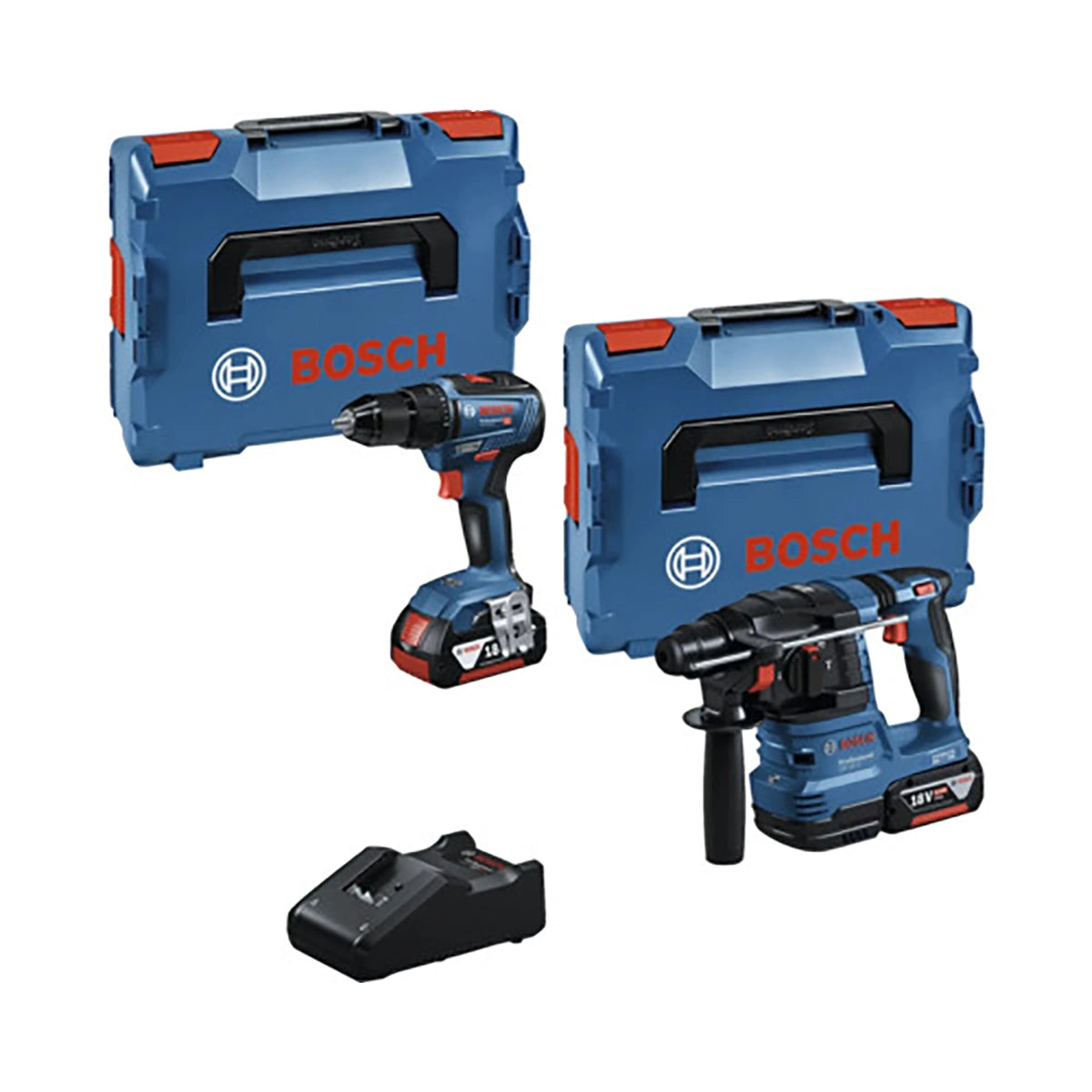Das Bosch Professional 18V-Set - GSR 18V-55 & GBH 18V-22 mit Akkus, Ladegerät und zwei blauen L-BOXX-Koffern ist auf weißem Hintergrund abgebildet. Das Bosch-Logo erscheint auf den Koffern und den Akku-Werkzeugen.