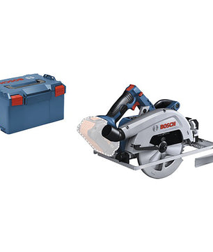 Die Bosch GKS 18V-68 Professional Akku-Kreissäge mit BITURBO Brushless Technologie von Bosch ist mit Griff und Klinge sowie einem blauen Bosch-Koffer mit roten Verschlüssen auf weißem Hintergrund abgebildet.