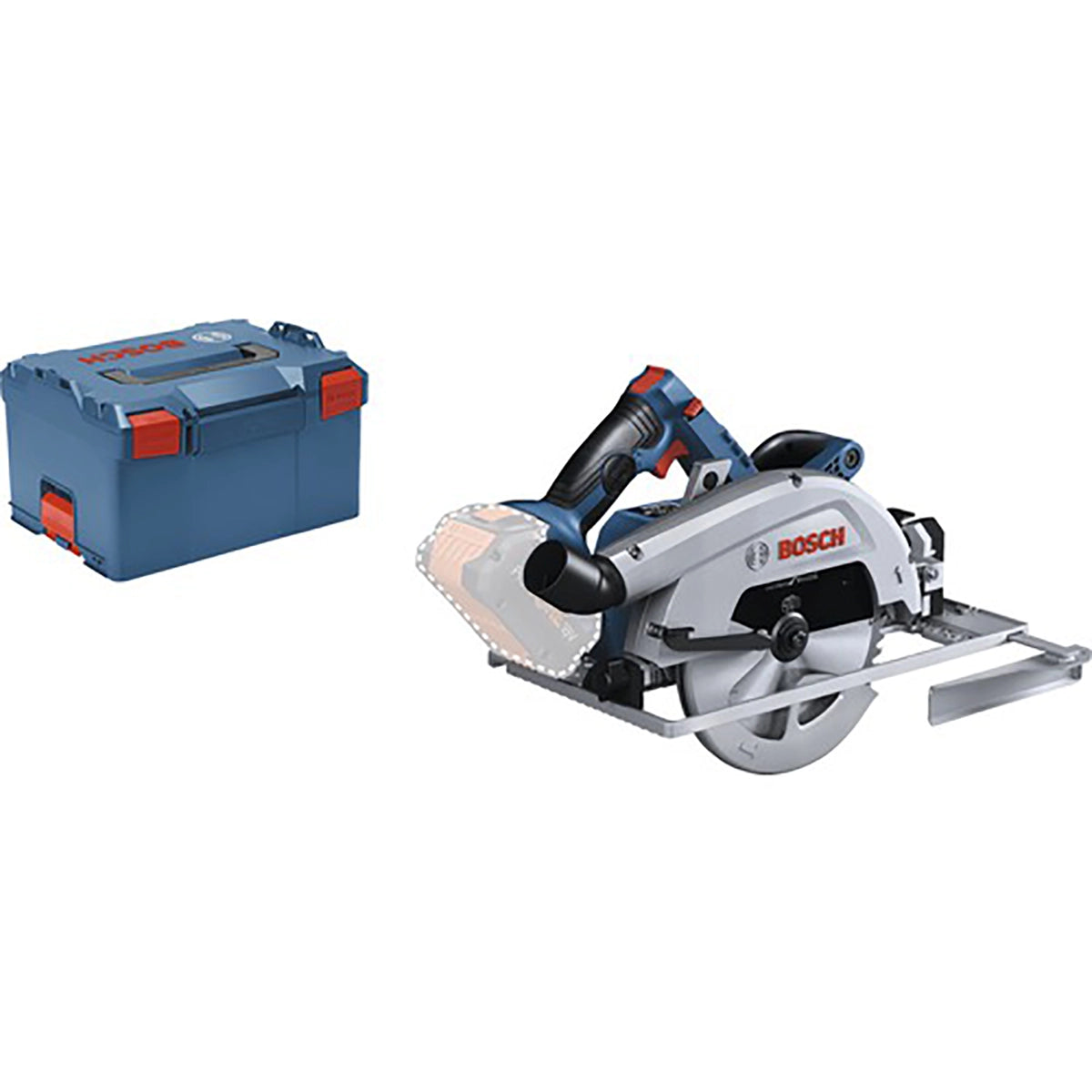 Die Bosch GKS 18V-68 Professional Akku-Kreissäge mit BITURBO Brushless Technologie von Bosch ist mit Griff und Klinge sowie einem blauen Bosch-Koffer mit roten Verschlüssen auf weißem Hintergrund abgebildet.