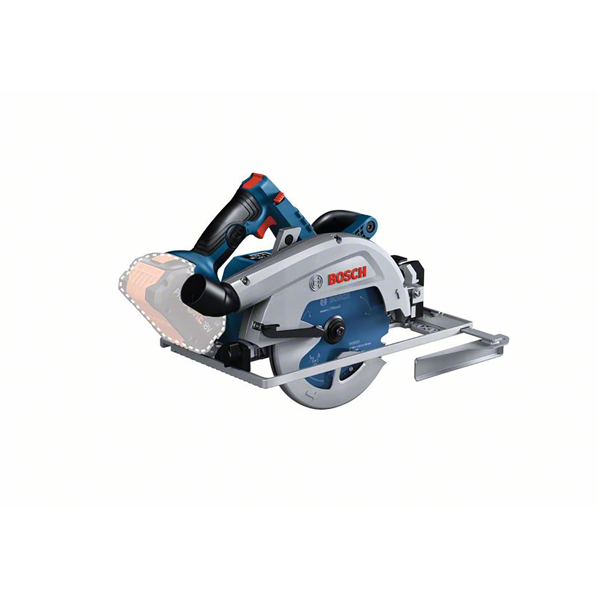 Die BOSCH Professional GKS 18V-68 GC mit blauem und silbernem Gehäuse, schwarzem Griff und freiliegender kreisförmiger Klinge wird ohne Akku angezeigt - kompatibel mit Bosch ProCORE18V Akkus für maximale Leistung.