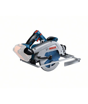 Die Bosch GKS 18V-68 Professional Akku-Kreissäge von Bosch mit BITURBO Brushless Technologie ist mit blau-silbernem Gehäuse, schwarzem Griff und sichtbarer runder Klinge abgebildet; der Akku ist nicht angebracht.