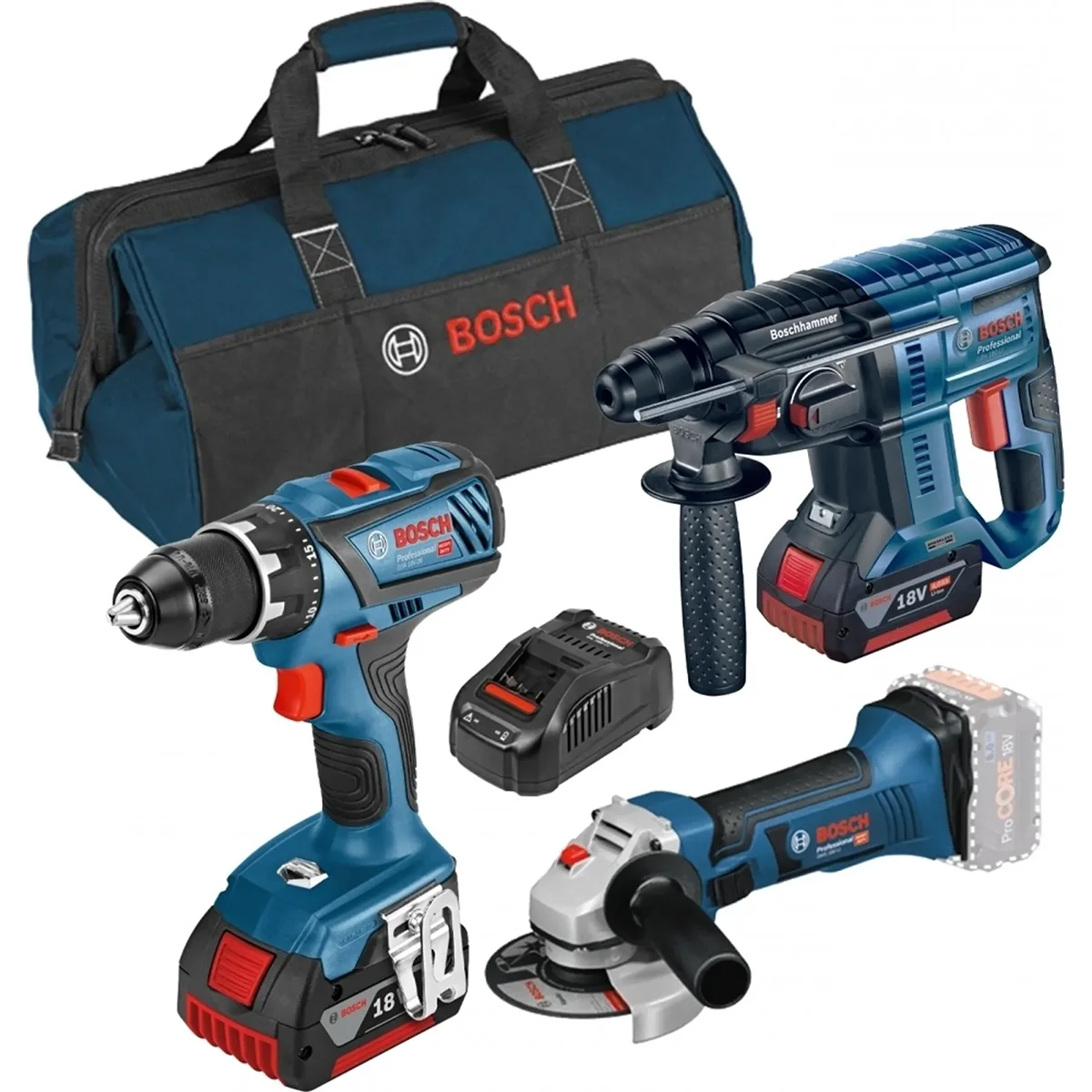 Das Bosch Professional Akku-Werkzeugset GSR 18V-28 + GBH 18V-21 + GWS 18V-Li enthält einen Akku-Bohrschrauber, einen Bohrhammer, einen Winkelschleifer, einen Akku, ein Ladegerät und eine Tragetasche - ideal als 18V-Set für jedes Projekt. Alle Werkzeuge haben das klassische blau-rot-schwarze Bosch-Design.