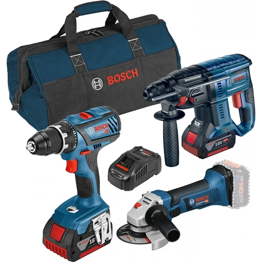Das Bosch Professional Akku-Werkzeugset GSR 18V-28 + GBH 18V-21 + GWS 18V-Li enthält einen Akku-Bohrschrauber, einen Bohrhammer, einen Winkelschleifer, einen Akku, ein Ladegerät und eine Tragetasche - ideal als 18V-Set für jedes Projekt. Alle Werkzeuge haben das klassische blau-rot-schwarze Bosch-Design.