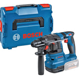 Der abgebildete Bosch Akku-Bohrhammer GBH 18V-22 Professional (SDS-plus, 18 V) mit ergonomischem Design und schwarzem Griff steht neben dem blauen Bosch Transportkoffer mit roten Verschlüssen und schwarzem Tragegriff.