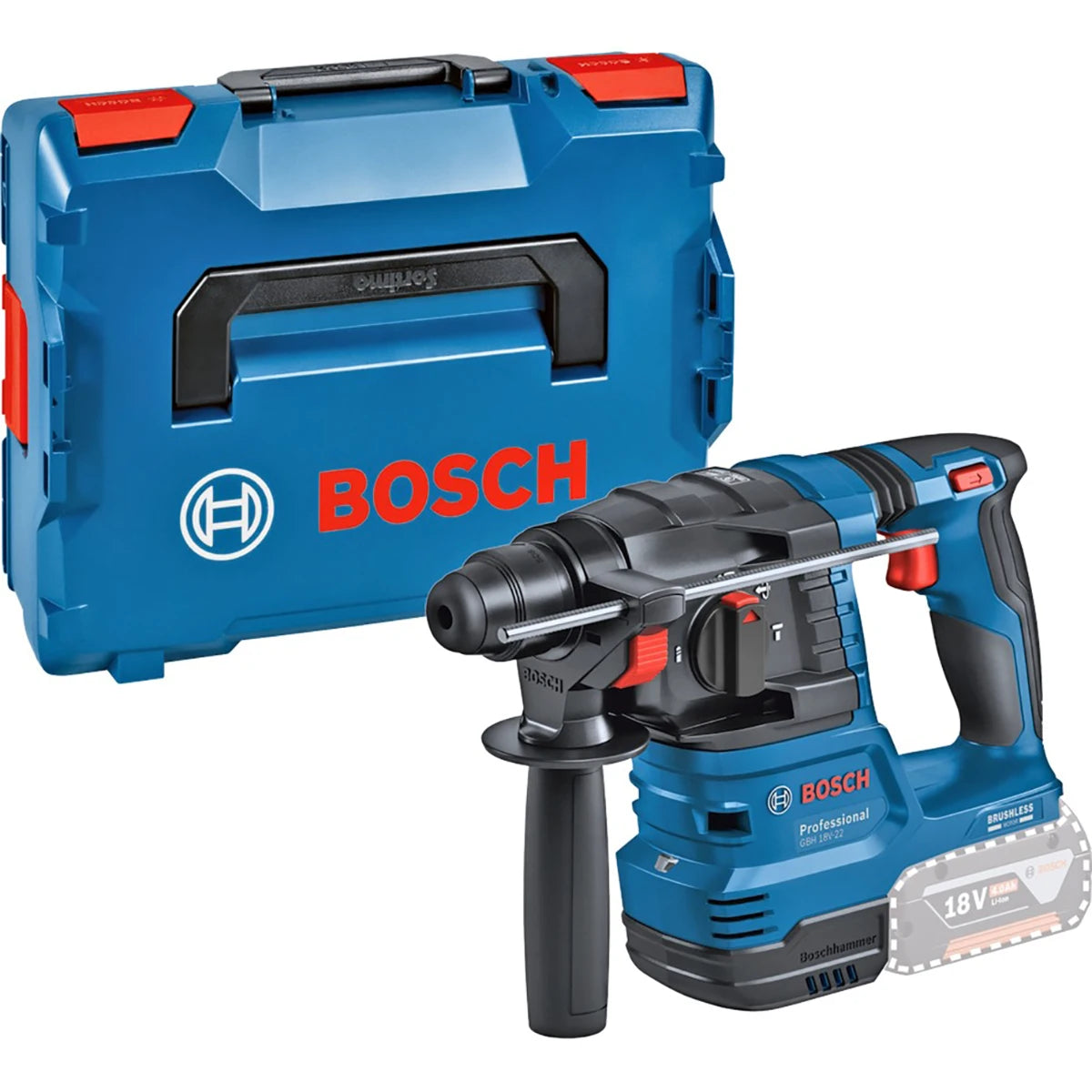 Der abgebildete Bosch Akku-Bohrhammer GBH 18V-22 Professional (SDS-plus, 18 V) mit ergonomischem Design und schwarzem Griff steht neben dem blauen Bosch Transportkoffer mit roten Verschlüssen und schwarzem Tragegriff.