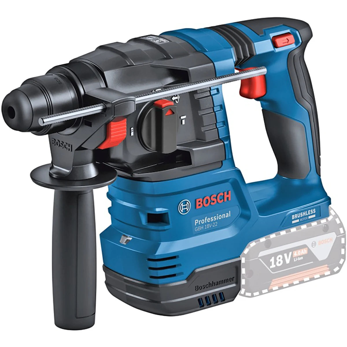 Der Bosch Akku-Bohrhammer GBH 18V-22 Professional - SDS-plus, 18 V, in blau und schwarz, verfügt über ein ergonomisches Design, einen seitlichen Griff, einen Tiefenmesser und ein sichtbares Bosch-Branding.