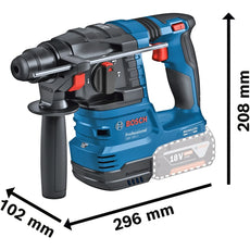 Der Bosch Akku-Bohrhammer GBH 18V-22 Professional, ein 18V SDS-plus Akku-Bohrhammer in blau, verfügt über ein ergonomisches Design, einen seitlichen Griff und misst 296 mm x 102 mm x 208 mm. Der sichtbare Akkuschacht ist für Bosch Standardakkus geeignet.
