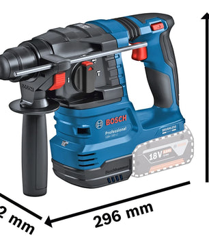 Der Bosch Akku-Bohrhammer GBH 18V-22 Professional, ein 18V SDS-plus Akku-Bohrhammer in blau, verfügt über ein ergonomisches Design, einen seitlichen Griff und misst 296 mm x 102 mm x 208 mm. Der sichtbare Akkuschacht ist für Bosch Standardakkus geeignet.