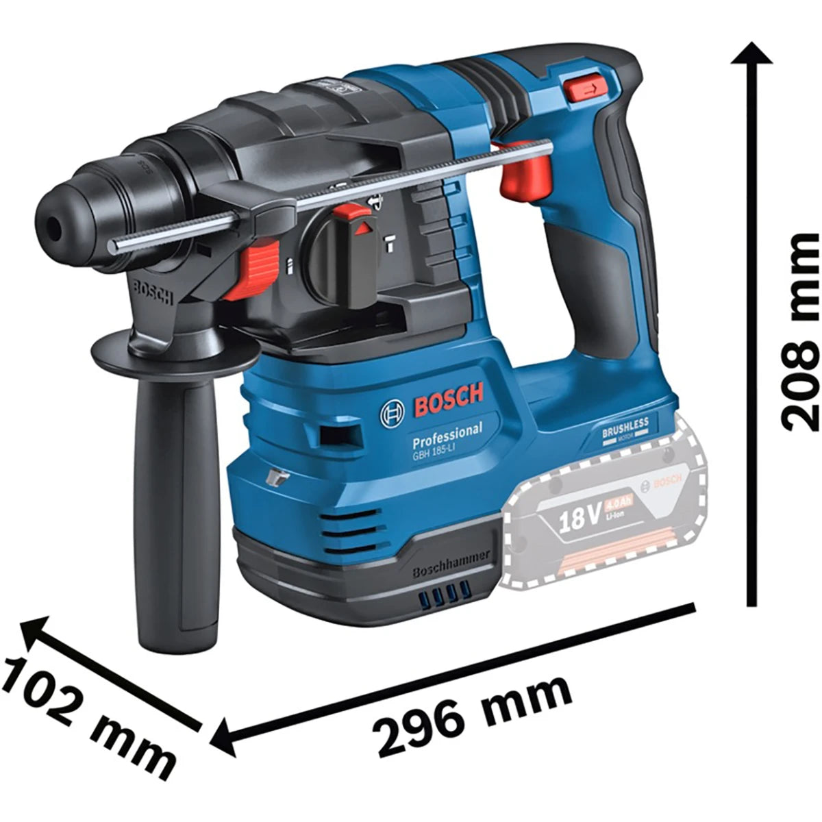Der Bosch Akku-Bohrhammer GBH 18V-22 Professional, ein 18V SDS-plus Akku-Bohrhammer in blau, verfügt über ein ergonomisches Design, einen seitlichen Griff und misst 296 mm x 102 mm x 208 mm. Der sichtbare Akkuschacht ist für Bosch Standardakkus geeignet.