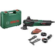 Das Bosch PMF 350 CES Multifunktionswerkzeug-Kit von Bosch enthält einen grünen Koffer, ein Werkzeug, Starlock Plus Klingen, Schleifpads und Zubehör - alles auf weißem Hintergrund.