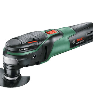 Ein Bosch PMF 350 CES Multifunktionswerkzeug von Bosch mit einem Kreismesser und Starlock Plus-Aufsatz ist auf weißem Hintergrund abgebildet.