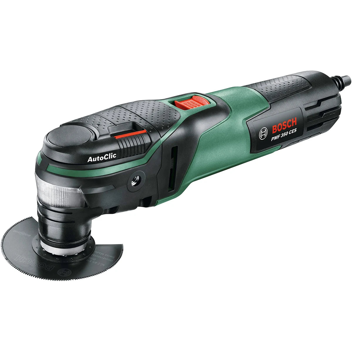 Ein Bosch PMF 350 CES Multifunktionswerkzeug von Bosch mit einem Kreismesser und Starlock Plus-Aufsatz ist auf weißem Hintergrund abgebildet.