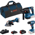 Das Bosch Professional Maschinen-Set 3-Tool-Kit (GSR 18V-45, GBH 18V-22, GWS 18V-8) enthält zwei Akkus, ein Schnellladegerät und eine Transporttasche. Bei den Werkzeugen fehlen die Akkupacks.
