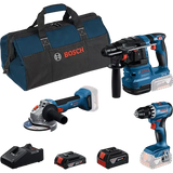 Das Bosch Professional Maschinen-Set 3-Tool-Kit (GSR 18V-45, GBH 18V-22, GWS 18V-8) enthält zwei Akkus, ein Schnellladegerät und eine Transporttasche. Bei den Werkzeugen fehlen die Akkupacks.