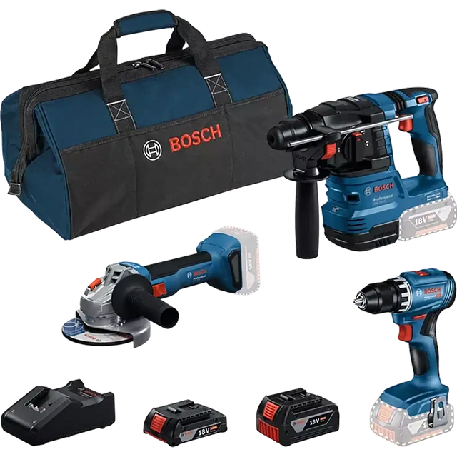 Das Bosch Professional Maschinen-Set 3-Tool-Kit (GSR 18V-45, GBH 18V-22, GWS 18V-8) enthält zwei Akkus, ein Schnellladegerät und eine Transporttasche. Bei den Werkzeugen fehlen die Akkupacks.