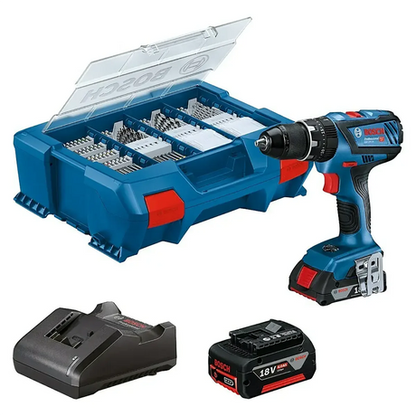 Der Bosch Professional AmpShare GSB 18V-28 mit 18-V-Akku, Ladegerät, Bohrer- und Schraubendreher-Bit-Satz im blauen Koffer sowie einem 18-V-Ersatzakku ist auf weißem Hintergrund abgebildet.