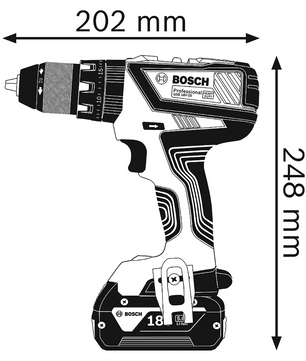 Schwarz-Weiß-Abbildung der Bosch Professional AmpShare GSB 18V-28 Schlagbohrmaschine, mit 18V-Akku, abgebildet mit 202 mm Breite und 248 mm Höhe. Mit AmpShare-System von Bosch und ergonomischen Designdetails.