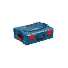 Ein blauer Bosch-Werkzeugkoffer mit schwarzem Griff, roten Verriegelungsclips und dem Bosch-Logo passt zum Bosch GBH 18V-26 Professional Akku-Bohrhammer (ohne Akku), der geschlossen vor einem weißen Hintergrund abgebildet ist.