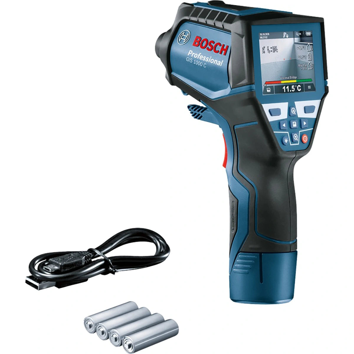 Die Bosch Thermodetektor GIS 1000 C Professional Infrarot-Thermometer-Pistole von Bosch wird mit einem Display, USB-Kabel und vier AA-Batterien geliefert und ist ideal für Temperatur- und Feuchtigkeitsmessungen.