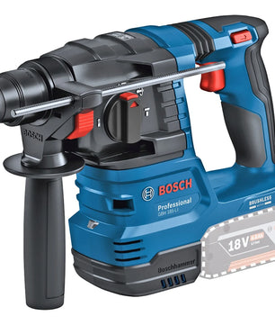 Der Bosch Professional Akku-Bohrhammer GBH 18V-22 in Blau und Schwarz, hier ohne Akku, verfügt über einen seitlichen Handgriff und einen Tiefenmesser und ist für 18-V-Lithium-Ionen-Akkus ausgelegt.