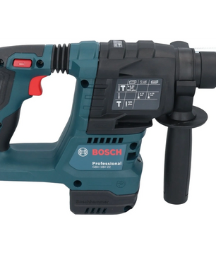Der Bosch Professional Akku-Bohrhammer GBH 18V-22 in Blau und Schwarz verfügt über beschriftete Bedienelemente und einen seitlichen Handgriff und wurde von Bosch für anspruchsvolle Bau- und Bohrarbeiten entwickelt.