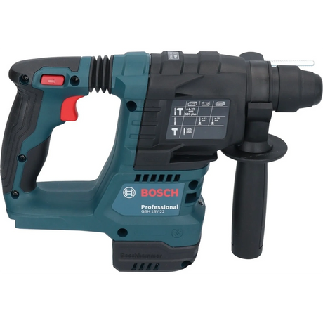 Der Bosch Professional Akku-Bohrhammer GBH 18V-22 in Blau und Schwarz verfügt über beschriftete Bedienelemente und einen seitlichen Handgriff und wurde von Bosch für anspruchsvolle Bau- und Bohrarbeiten entwickelt.