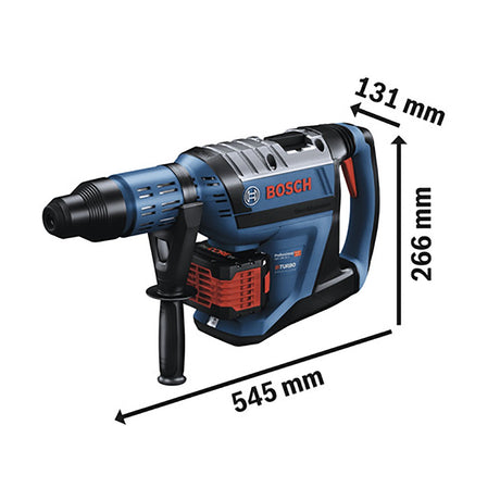 Der Bosch Professional GBH 18V-45 C BITURBO Akku-Bohrhammer mit SDS max von Bosch ist in den Farben Blau und Schwarz erhältlich, verfügt über einen Seitengriff und misst 545 mm x 131 mm x 266 mm.