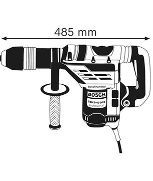 Schwarz-Weiß-Abbildung des Bosch GBH 5-40 DCE Professional Bohrhammer mit SDS-max von Bosch, mit seitlichem Griff, Vibration Control, gekennzeichnet mit "Professional", mit Abmessungen: 485 mm Länge und 260 mm Höhe.
