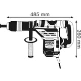 Schwarz-Weiß-Abbildung des Bosch GBH 5-40 DCE Professional Bohrhammer mit SDS-max von Bosch, mit seitlichem Griff, Vibration Control, gekennzeichnet mit "Professional", mit Abmessungen: 485 mm Länge und 260 mm Höhe.
