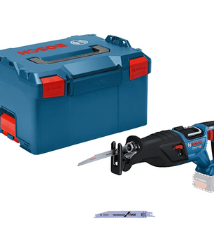 Die Bosch Professional BITURBO Akku-Säbelsäge GSA 18V-28 (ohne Akku) von Bosch verfügt über eine bürstenlose Technologie, ist kompatibel mit dem 18V-System und wird mit einem blauen und roten Koffer sowie einem zusätzlichen Sägeblatt vor dem Set geliefert.