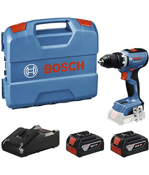 Das Bosch GSR 18V-65 Professional Akku-Bohrschrauber Set besteht aus einem schwarz-blauen Bohrer, zwei 4,0-Ah-Akkus, einem Ladegerät und einem L-Boxx-Koffer mit Griff und Bosch-Branding in Weiß und Rot.