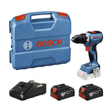Das Bosch GSR 18V-65 Professional Akku-Bohrschrauber Set besteht aus einem schwarz-blauen Bohrer, zwei 4,0-Ah-Akkus, einem Ladegerät und einem L-Boxx-Koffer mit Griff und Bosch-Branding in Weiß und Rot.