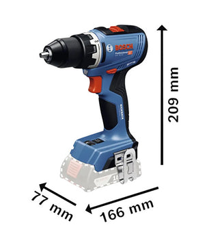 Das Bosch GSR 18V-65 Professional Akku-Bohrschrauber Set (blau und schwarz) ist mit beschrifteten Abmessungen abgebildet: 209 mm Höhe, 166 mm Länge und 77 mm Breite; der Akkubereich am Boden ist transparent umrandet.