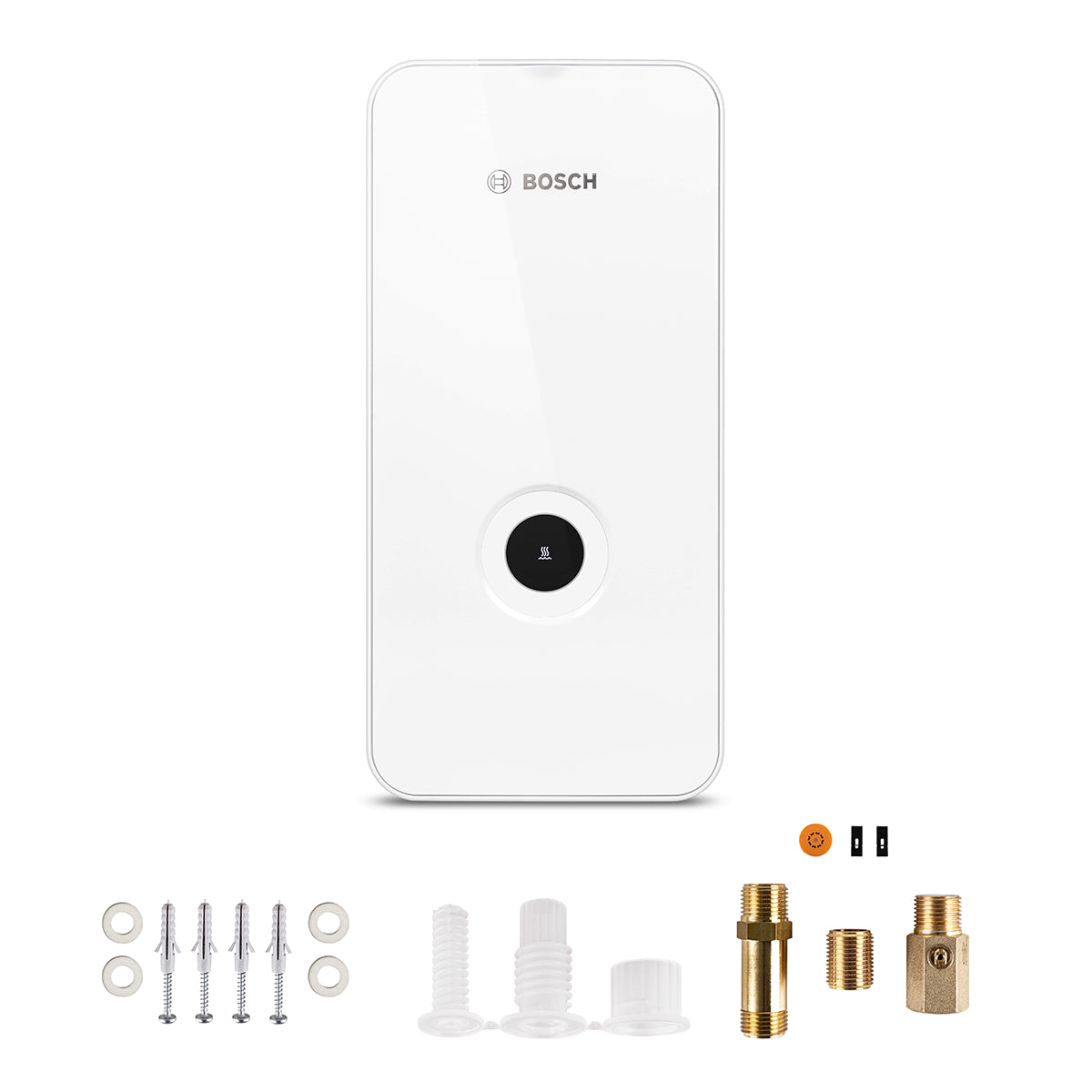 Der Bosch Tronic Line Durchlauferhitzer 21/24/27 kW, ein weißer Durchlauferhitzer mit zentraler schwarzer Taste, wird mit Installationszubehör wie Schrauben, Dübeln, Unterlegscheiben, Messingbeschlägen und elektronischen Teilen gezeigt.