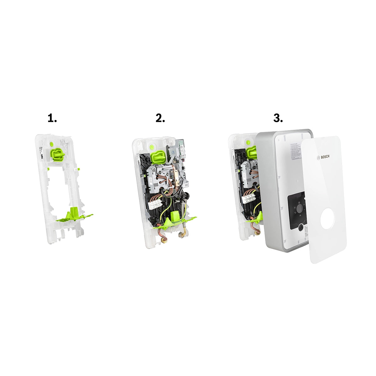 Der Bosch Tronic Line Durchlauferhitzer 21/24/27 kW von Bosch lässt sich in drei Schritten installieren: Halterung montieren, komplette Verkabelung und Innenmontage, dann die Frontabdeckung anbringen, um die Installation abzuschließen.