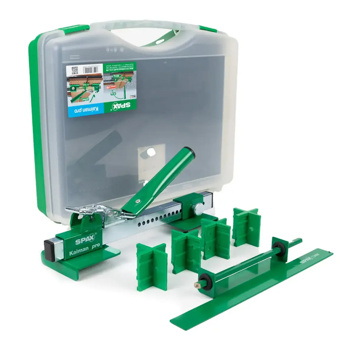 Das SPAX Kaiman Pro Brettrichter – grün von SPAX ist ein umweltfreundliches Verlege-Set für Laminatböden, das mehrere umweltfreundliche Kunststoffkomponenten und einen praktischen Koffer enthält – perfekt für alle, die Terrassendielen effizient verlegen möchten. Dieses Set wurde für die präzise und mühelose Ausrichtung der Dielen entwickelt und ist mit dem SPAX Brettrichter Kaiman Pro kompatibel, was es zur idealen Wahl für eine einfache und genaue Verlegung von Terrassendielen macht.