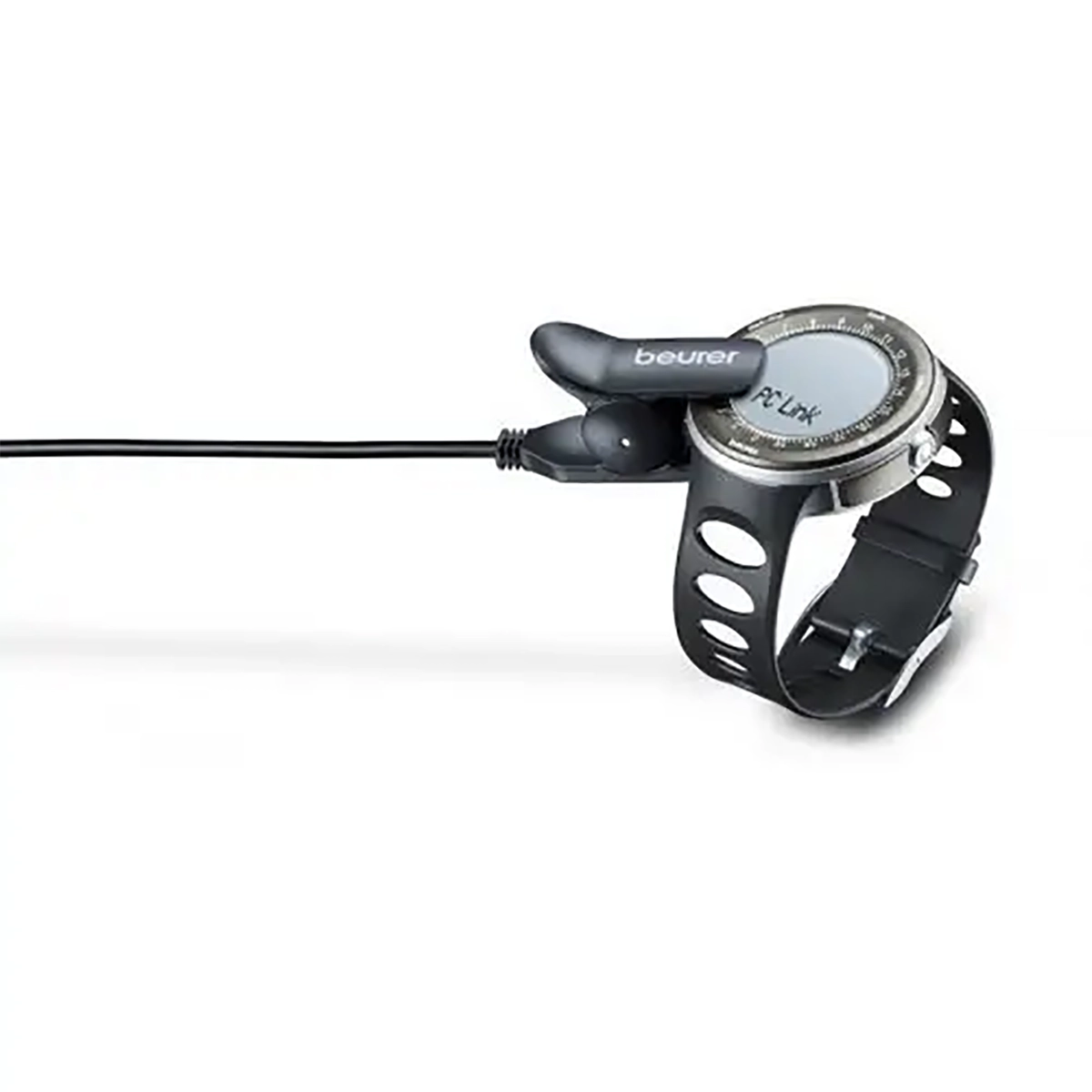 Eine Beurer PM90 Pulsuhr mit Höhenmessung mit rundem Zifferblatt und gelochtem schwarzem Armband wird auf einer ebenen Fläche mit einem Beurer Clip-On-Ladegerät geladen, das mit einem Kabel verbunden ist. Ideal für die Herzfrequenzmessung.