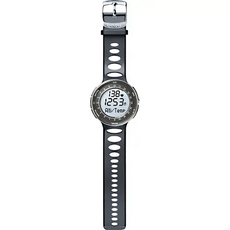 Die Beurer PM90 Pulsuhr mit Höhenmessung von Beurer ist eine digitale Armbanduhr mit schwarzem Lochband, runder Anzeige von Zeit, Höhe und Temperatur. Sie verfügt über eine silberfarbene Lünette und Schließe.