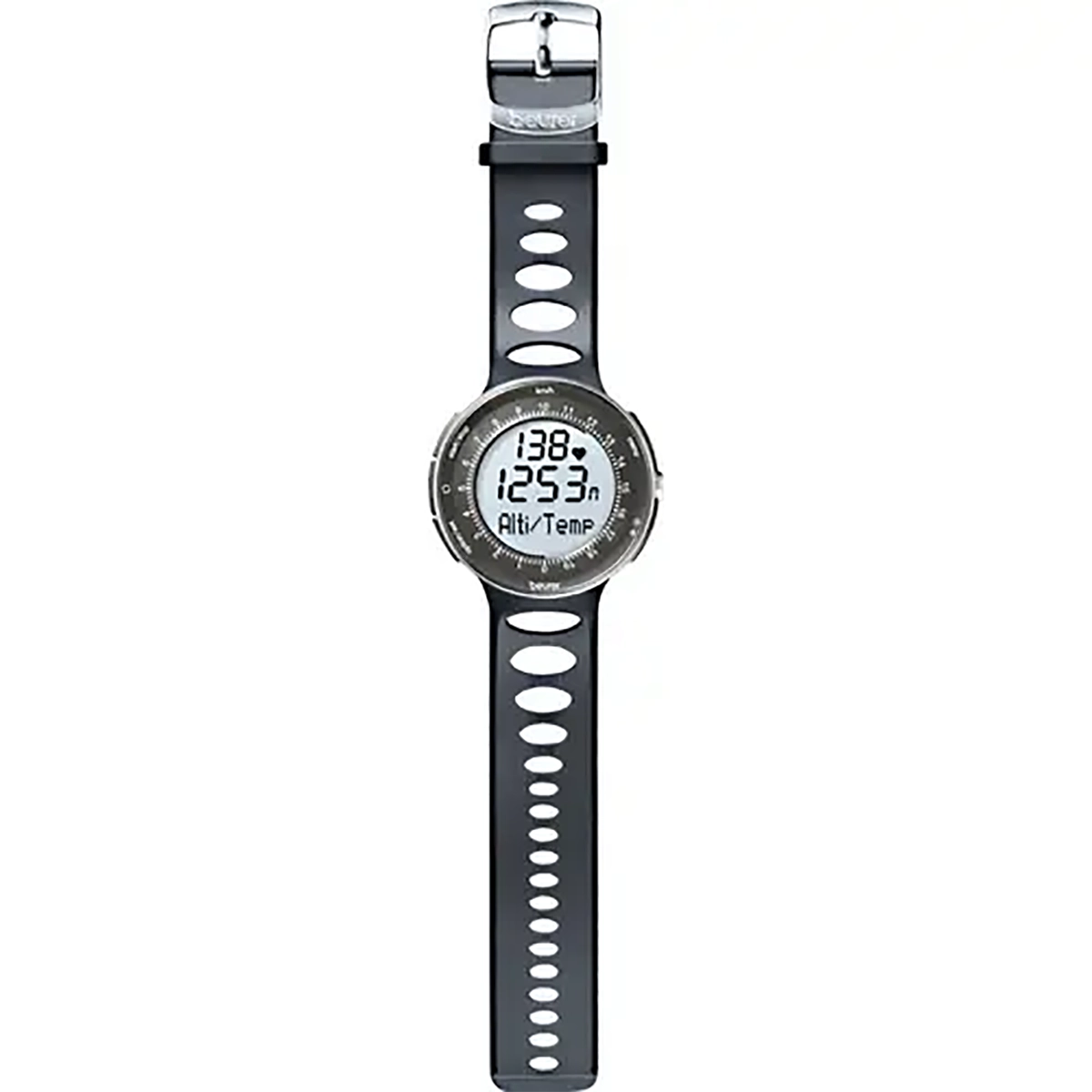 Die Beurer PM90 Pulsuhr mit Höhenmessung von Beurer ist eine digitale Armbanduhr mit schwarzem Lochband, runder Anzeige von Zeit, Höhe und Temperatur. Sie verfügt über eine silberfarbene Lünette und Schließe.