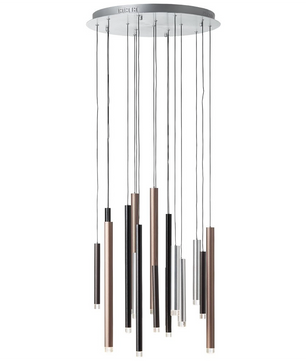 Die Brilliant Living Cembalo LED-Pendelleuchte von Brilliant verfügt über 16 schlanke Leuchten in einem modernen Braun/Kaffee-Finish, die in verschiedenen Längen hängen. Energieeffizient und dimmbar für ein individuell anpassbares Ambiente.