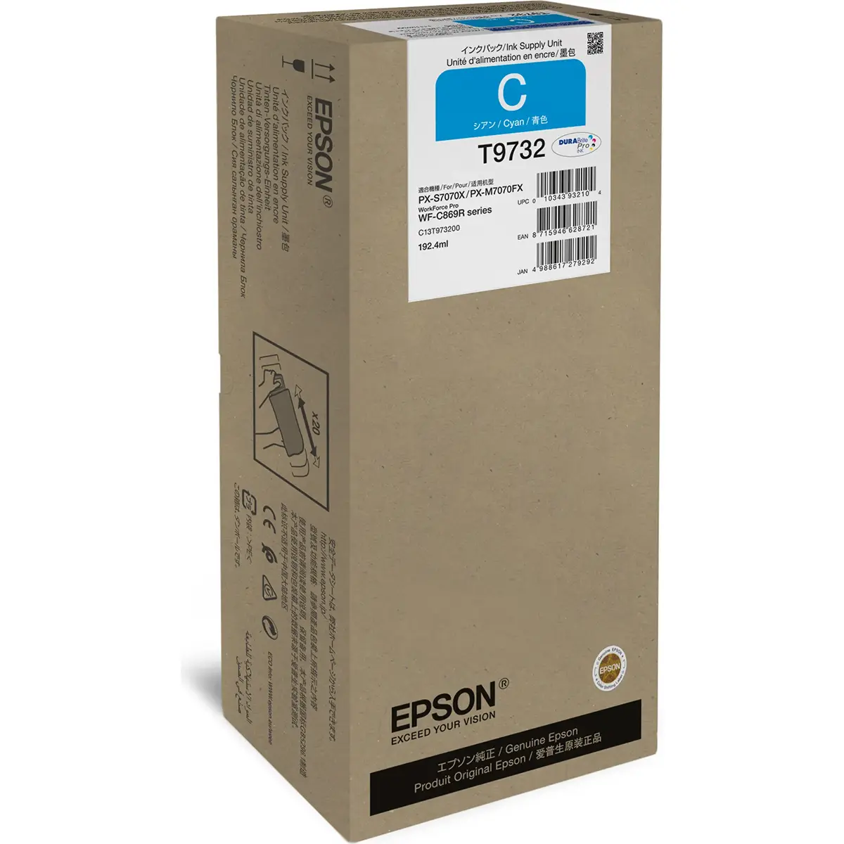 Epson C13T973200 / T9732 Cyan-Tintenpatrone von Epson, braune Verpackung und blau-weißes Etikett, geeignet für WorkForce Pro-Drucker.