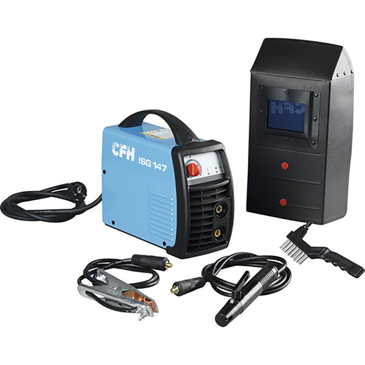 Das CFH ISG 147 Inverterschweißgerät von CFH wird mit Kabeln, einer schwarzen Schweißmaske, Drahtbürste und Klemme geliefert - perfekt für Elektrodenschweißarbeiten.