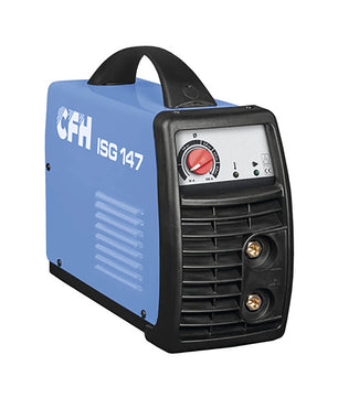 Das blaue CFH ISG 147 Inverterschweißgerät von CFH verfügt über einen Handgriff, einen Drehknopf und zwei Frontanschlüsse und ist somit ideal für Elektrodenschweißen geeignet.
