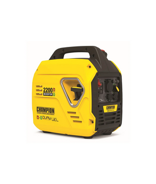 Der Champion 2200 Watt Dual Fuel Inverter Generator von Champion verfügt über ein gelb-schwarzes, tragbares Design mit einem Griff, einem übersichtlichen Bedienfeld und Steckdosen - ideal für die zuverlässige Stromversorgung unterwegs, entweder mit Benzin oder Gas.